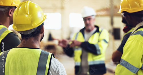 Fotografía Conversation, foreman and construction team on site for planning with building, maintenance or repair
