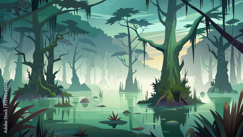 Swamp landscape shrouded in thick fog, with cypress trees rising from calm water.