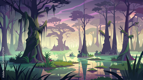 Swamp landscape shrouded in thick fog, with cypress trees rising from calm water.