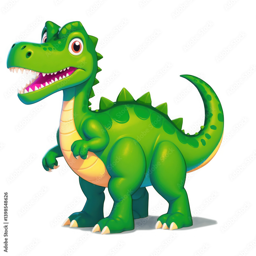Obraz premium Green dinosaur illustration standing. Cartoon dino with pink mouth open, isolated png transparent