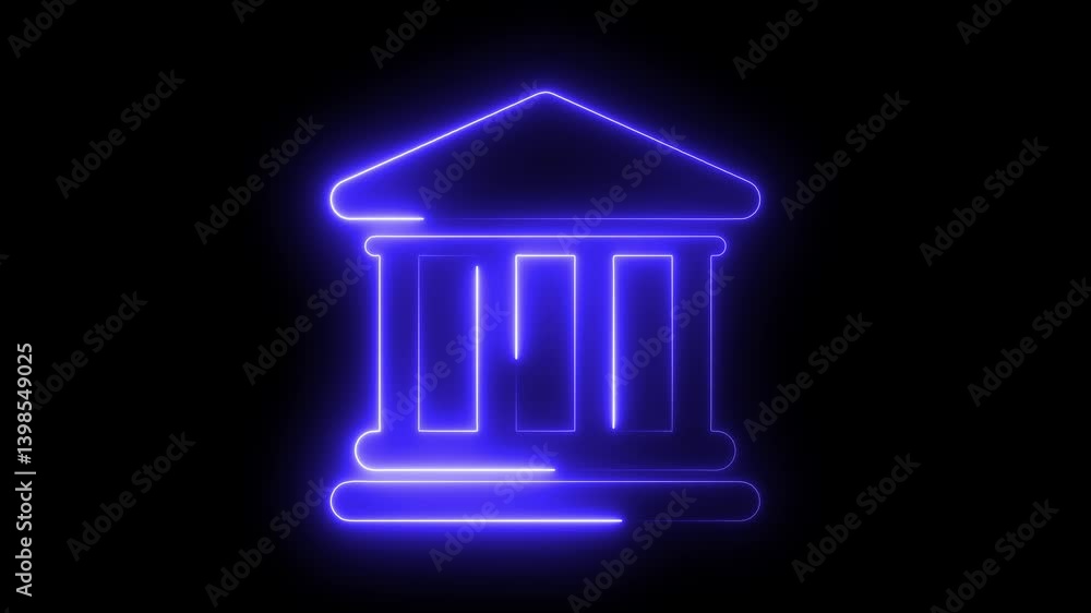 Neon glowing bank building icon animation on black background Futuristic neon bank building with dollar icon. Financial growth and dollar coin icon isolated on black background. Increasing revenue 