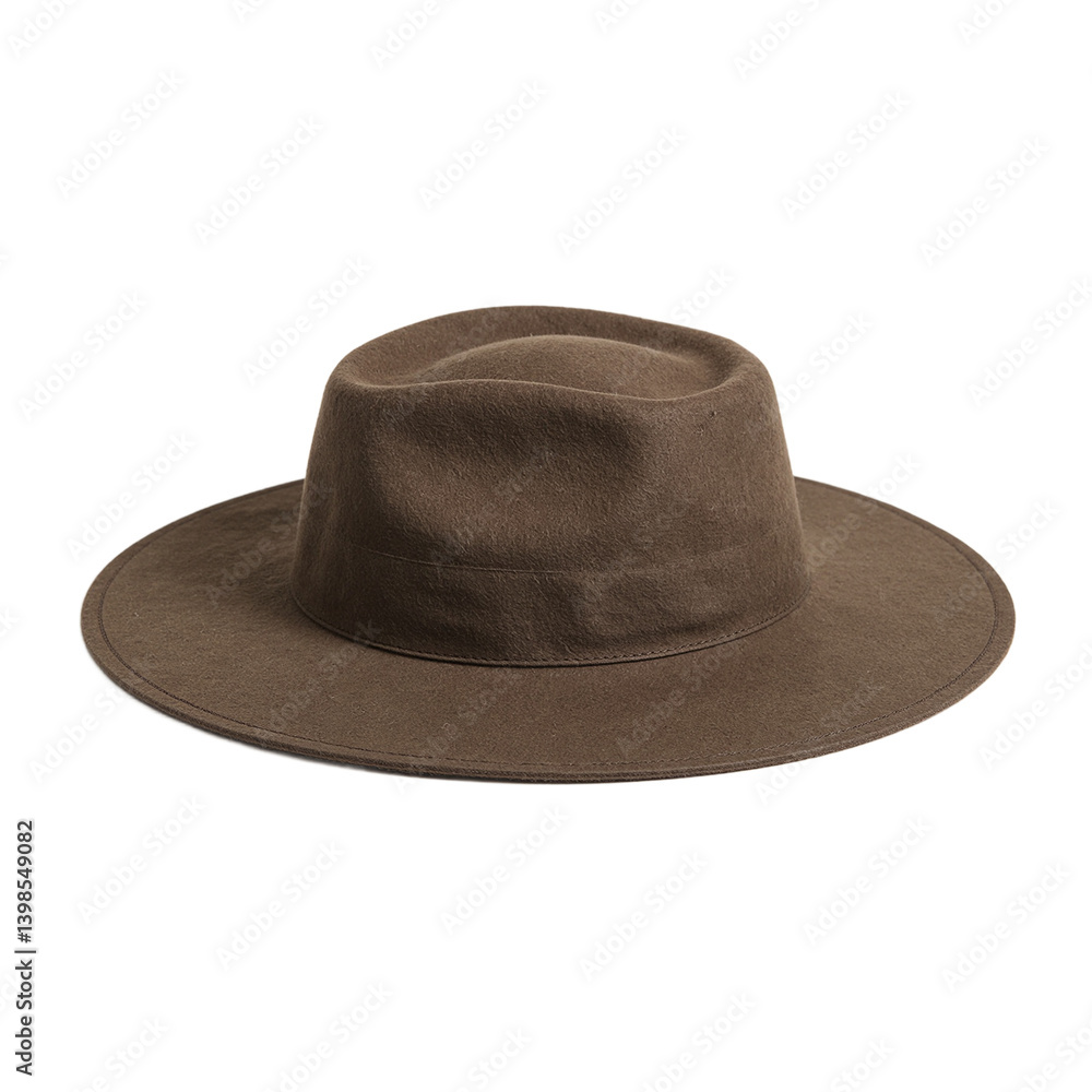 Stylish safari hat with pinched crown and wide brim Minimalist design in wool felt on white background Stylish safari hat with pinched crown and wide brim Minimalist design in wool felt on white background