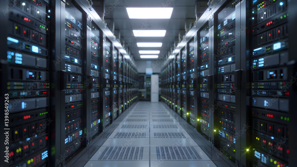 Wide-Angle View of a High-Security Data Center with Rows of Modern Server Racks and LED Indicators Wide-Angle View of a High-Security Data Center with Rows of Modern Server Racks and LED Indicators