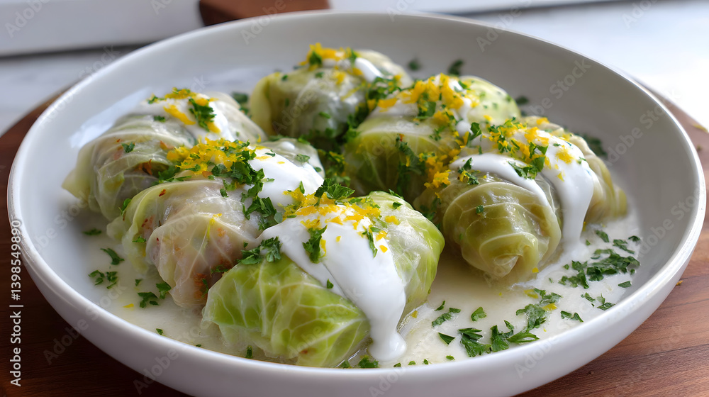 Delicious Homemade Stuffed Cabbage Rolls with Avgolemono Sauce and Fresh Herbs Delicious Homemade Stuffed Cabbage Rolls with Avgolemono Sauce and Fresh Herbs