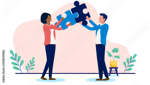 Solving problem in business - Two people working on method for logic and systematic jigsaw puzzle assembly and connections. Flat design vector graphic illustration