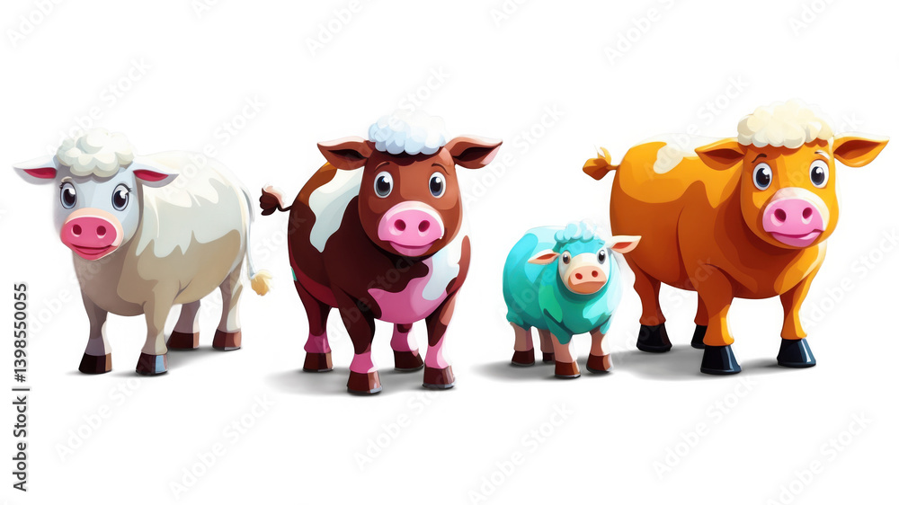 Naklejka premium Cartoon Cows And Sheep Illustration. Cute farm animals in different colors, white, brown, blue and orange. Isolated png, transparent background.