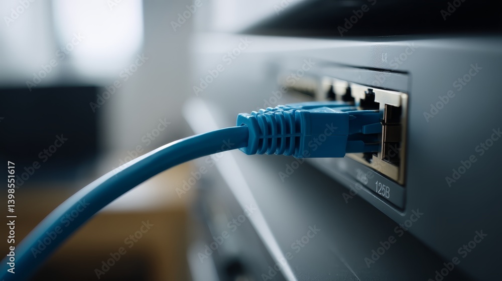 A blue network cable is securely inserted into a router port, illuminated with a shallow depth-of-field. The background is softly blurred, creating focus on the cable