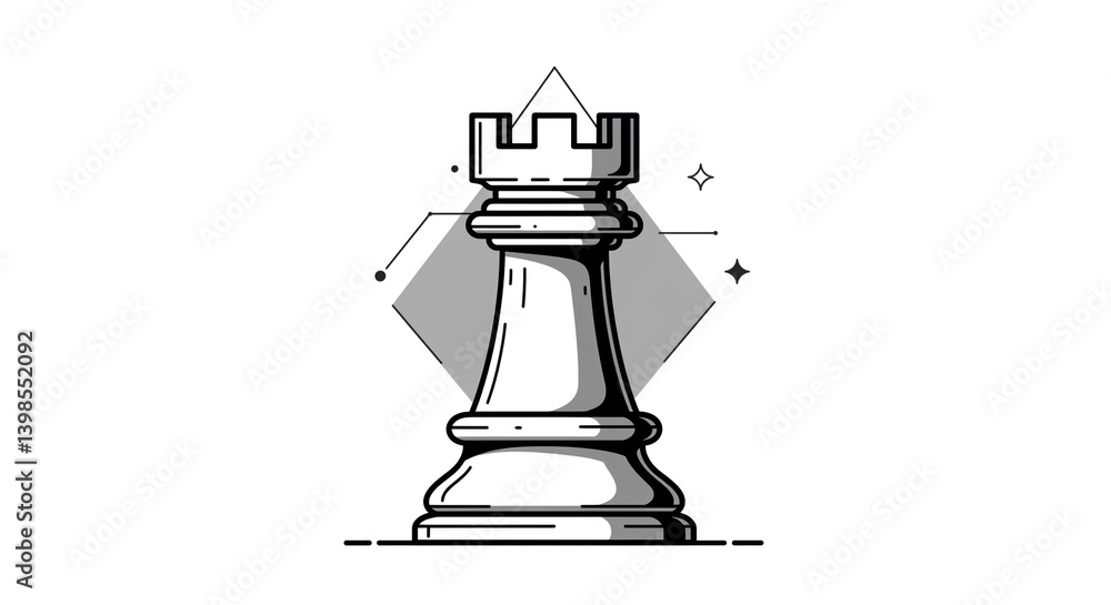 A powerful chess rook stands strong, a symbol of strategic planning and unwavering defense, rendered in elegant black and white line art. A powerful chess rook stands strong, a symbol of strategic planning and unwavering defense, rendered in elegant black and white line art.