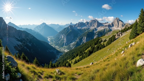 Detailed photo of Mercantour National Park in France at midday with mild, sunny summer conditions, captured from a panoramic view.