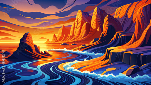 High saturation landscape ocean scene at sun set time, seascape with molten orange cliffs beside deep indigo waves
