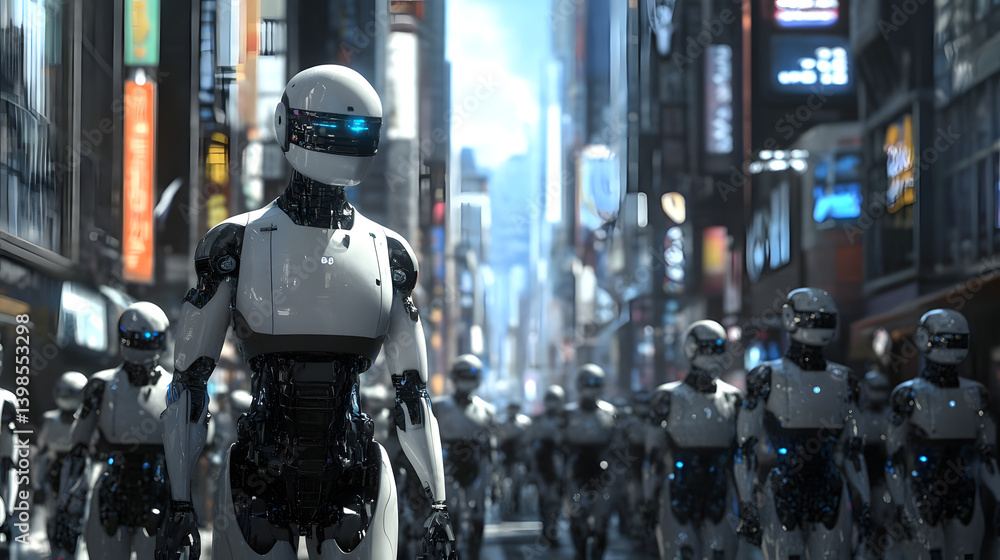 Robotic March Through the City: A futuristic scene showcases a column of humanoid robots navigating through a bustling city, embodying technological advancement and urban integration. Robotic March Through the City: A futuristic scene showcases a column of humanoid robots navigating through a bustling city, embodying technological advancement and urban integration.