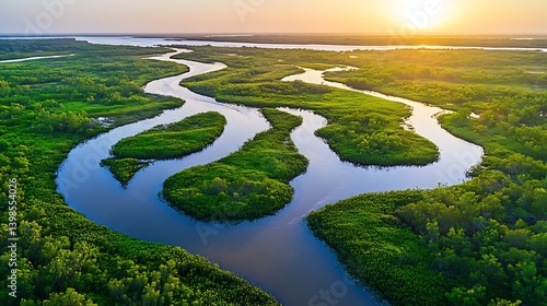 A serene river delta featuring winding waterways surrounded by lush and vibrant vegetation.

