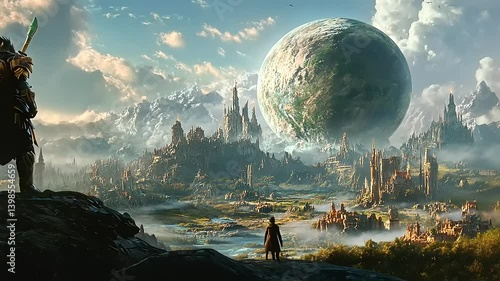 A heroic figure stands on a cliff overlooking a vast fantasy landscape with distant mountains and a large planet