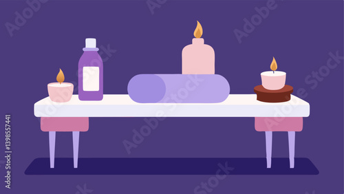 Serene Spa Scene A tranquil spa setting with a soft massage table candles and essential oil bottles conveying relaxation and rejuvenation through pampering treatments.