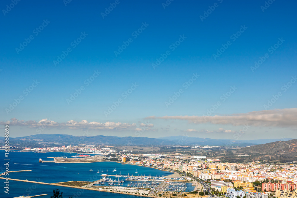 Scenic view of Gibraltar harbor from the Rock of Gibraltar. Port of Gibraltar.