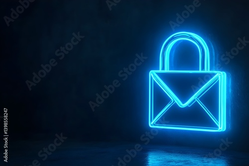 a glowing neon blue padlock symbol floating in front of an envelope symbol on a dark background.