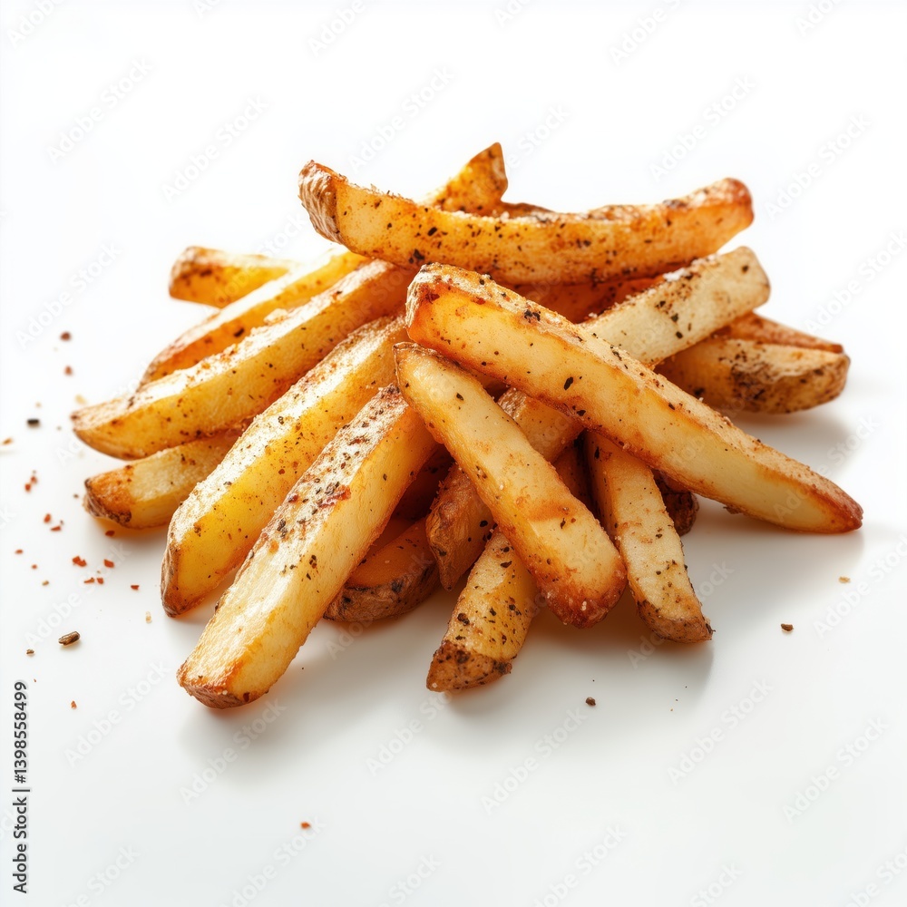Crispy french fries seasoned with spices piled on a white plate ready to enjoy as a side dish or snack Crispy french fries seasoned with spices piled on a white plate ready to enjoy as a side dish or snack