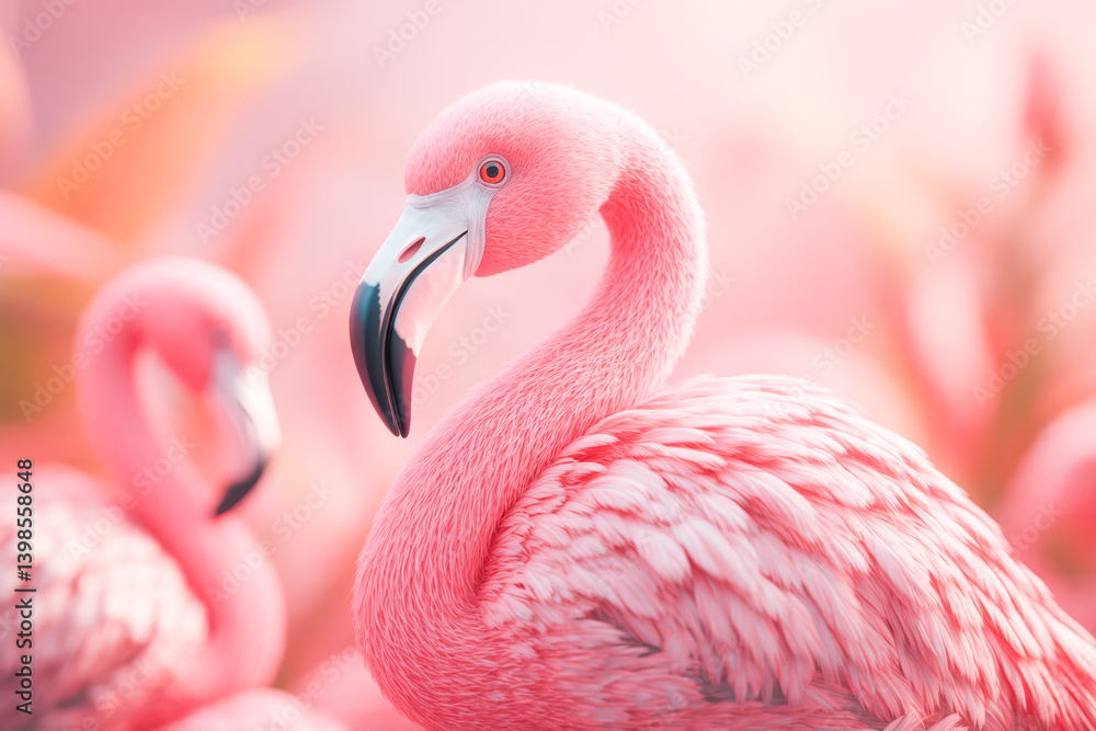 Fototapeta premium Pink flamingo posing in a group of flamingos with blurred background