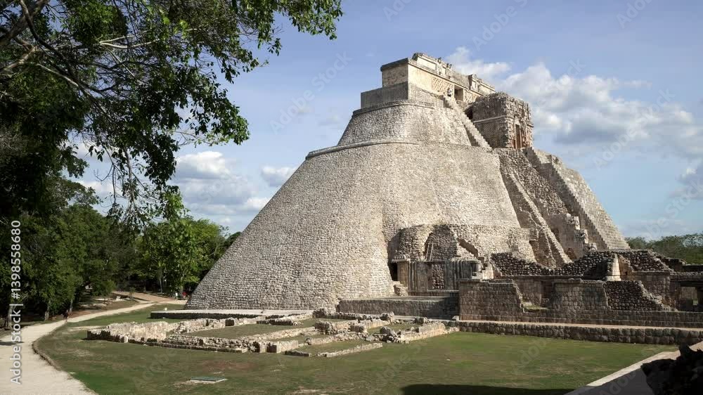 Panoramic view around ancient historical symbol pyramid of Mayas culture in summer suuny day	