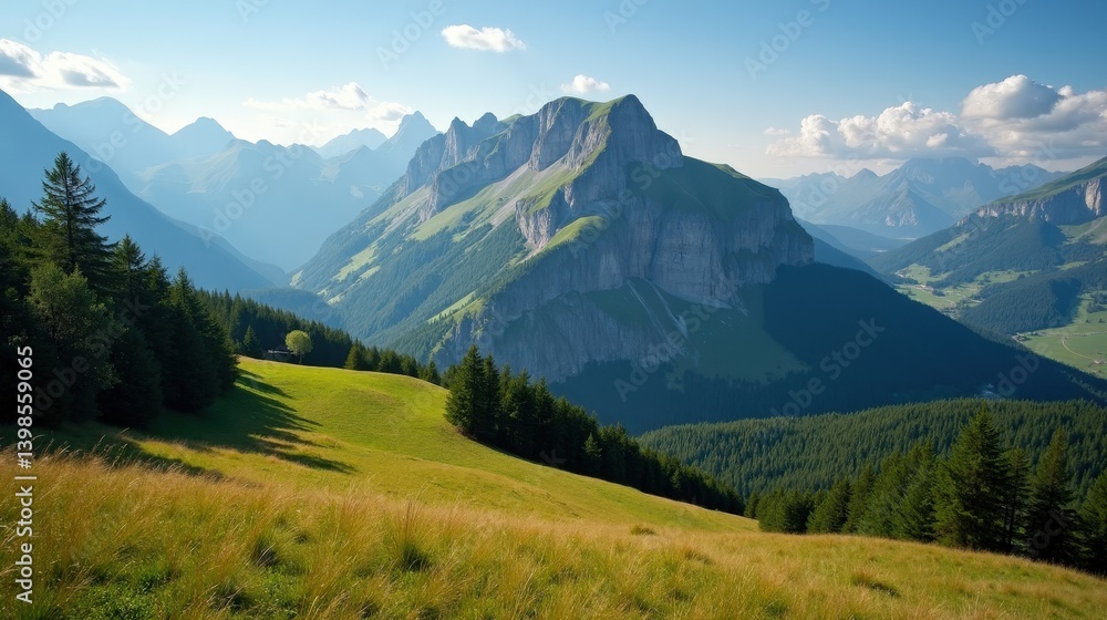 Fototapeta premium Mont Aigoual in France at midday with mild sunny conditions, taken from above, showing the mountain's rocky terrain and surrounding nature.