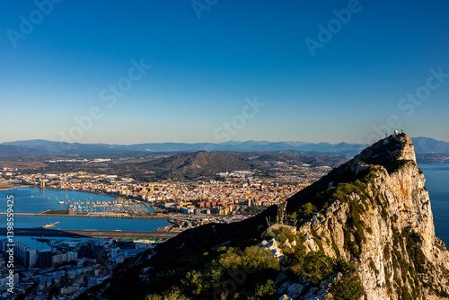 Scenic view of Gibraltar harbor from the Rock of Gibraltar. Port of Gibraltar.