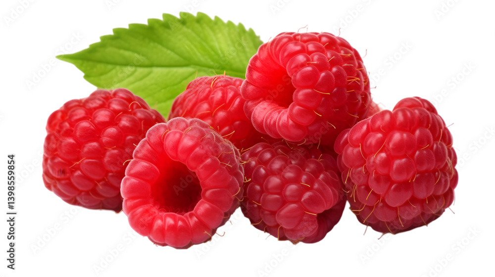 A group of fresh raspberries with a green leaf on a black background close up vibrant and delicious looking A group of fresh raspberries with a green leaf on a black background close up vibrant and delicious looking