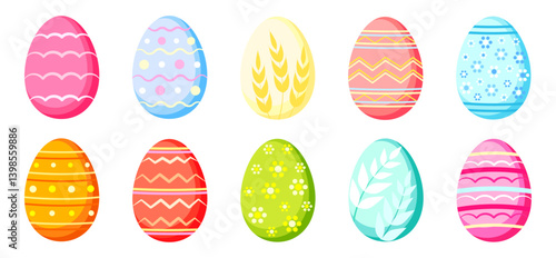 Set of cute Easter eggs in cartoon style. Vector illustration of colored eggs with different patterns: waves, dots, wheat ears, stripes, lines, flowers, leaves isolated on white background.