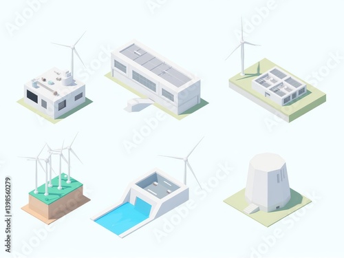 Wallpaper Mural Set of 3D Isometric vector illustration of an industrial energy complex featuring nuclear reactors, hydroelectric dams, and wind turbines on a clean background Torontodigital.ca