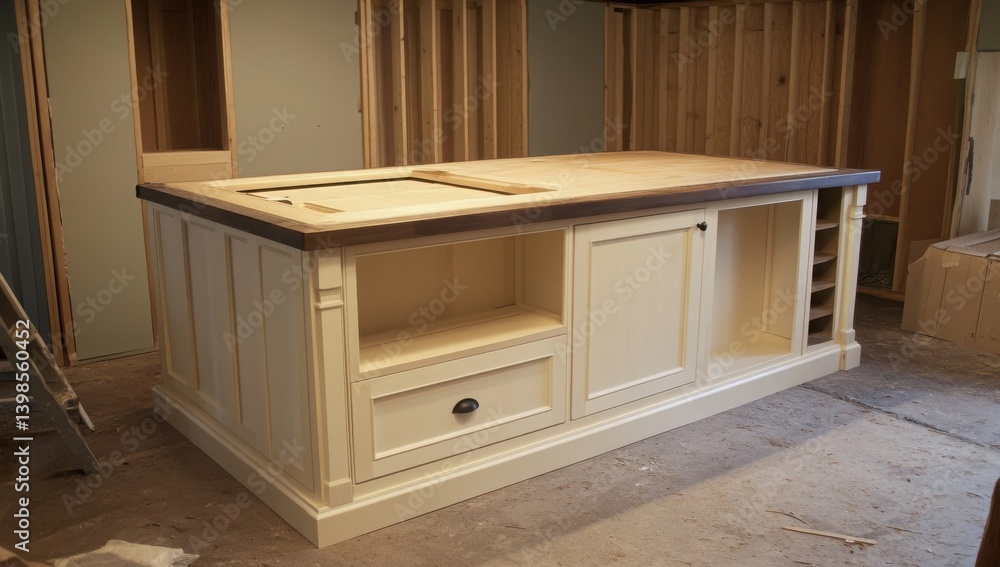 Fototapeta premium Elegant wooden kitchen island in a workshop setting.