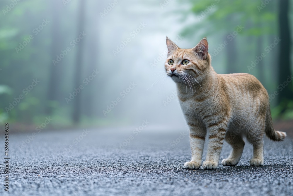 Naklejka premium Ginger tabby cat standing on a foggy road, surrounded by blurred trees and greenery.