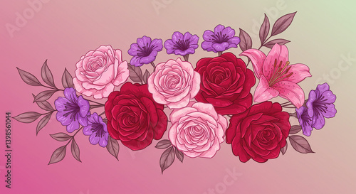 A vibrant bouquet of roses, lilies, and wildflowers, bursting with romantic charm and delicate beauty, against a soft, pink gradient background.