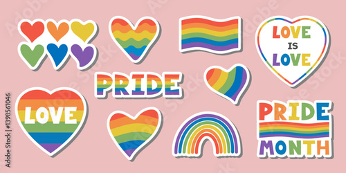 Rainbow colored stickers with love slogans heart shapes LGBT flag. Hand drawn playful flat style element set. Template for packaging, t-shirts, social media, apparel, cards, Pride project design 