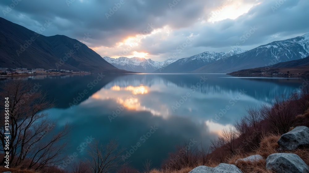 Panoramic image of Lake Prespa in Greece at dawn, with mild, rainy winter conditions. Panoramic image of Lake Prespa in Greece at dawn, with mild, rainy winter conditions.