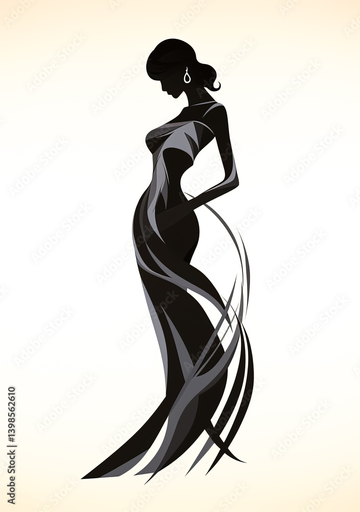 Elegant silhouette of a woman in a flowing dress showcasing confidence and grace on a white background Elegant silhouette of a woman in a flowing dress showcasing confidence and grace on a white background