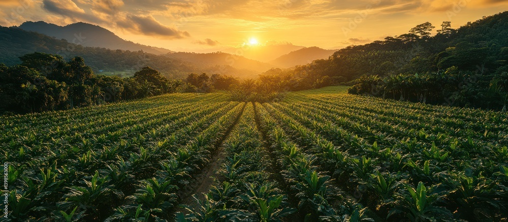Sunset over rows of lush green plants in a vast agricultural field, surrounded by mountains. Sunset over rows of lush green plants in a vast agricultural field, surrounded by mountains.