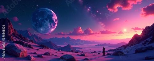 Alien landscape with two moons and colorful starry sky, moonscape, celestial, otherworldly