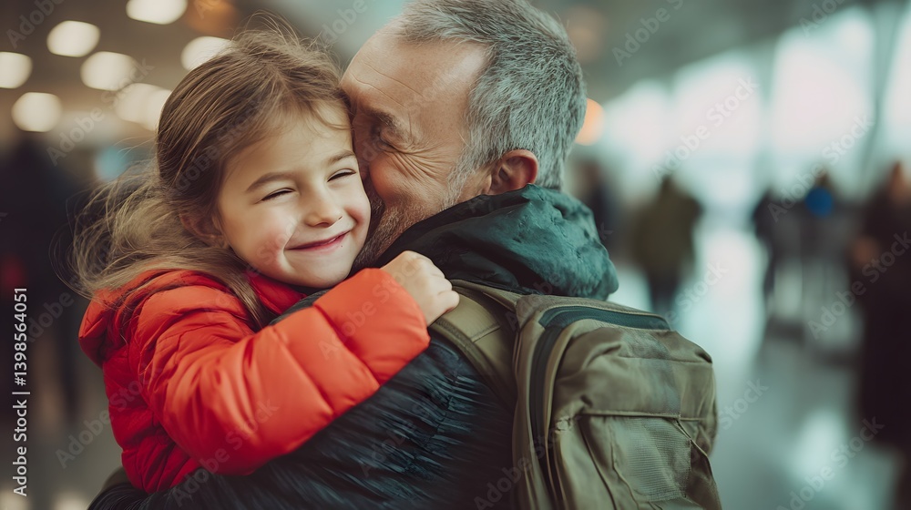 Fototapeta premium A heartwarming moment as a happy little girl embraces her grandfather in a bustling airport, their smiles reflecting pure joy and affection.