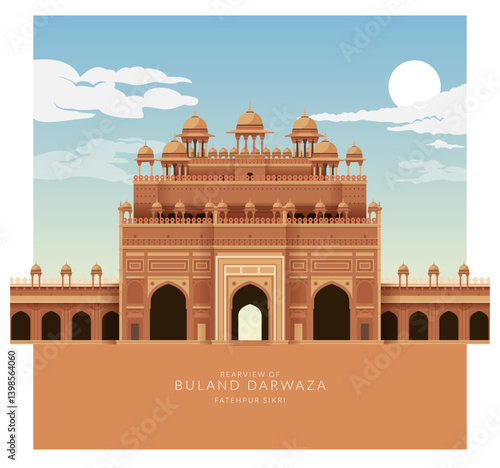 Buland Dawaza - Rearview - Fatehpur Sikri, Uttar Pradesh - Stock Illustration