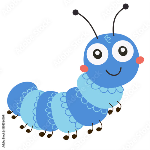 Cute blue cartoon caterpillar illustration for kids project. Vector illustration