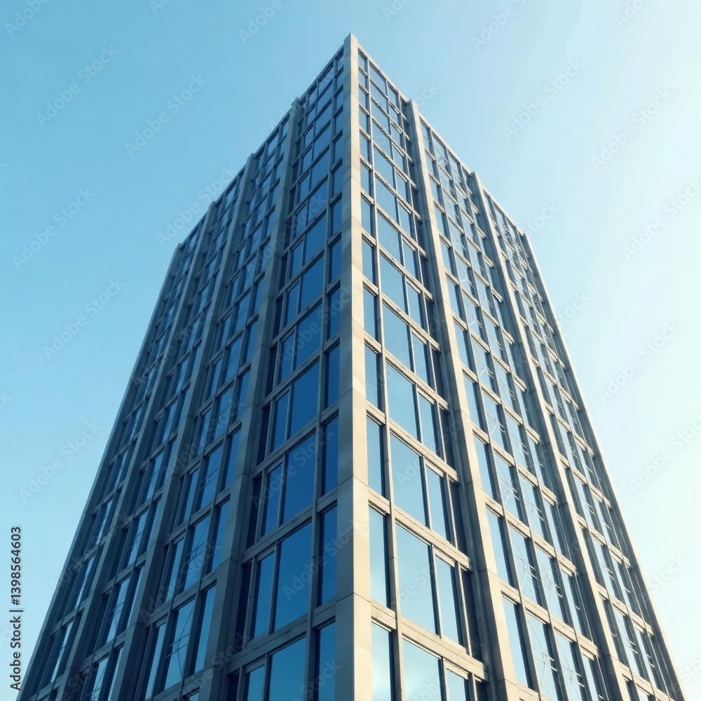 Angular facade of contemporary office skyscraper with glass windows and metal panels, abstract, design Angular facade of contemporary office skyscraper with glass windows and metal panels, abstract, design