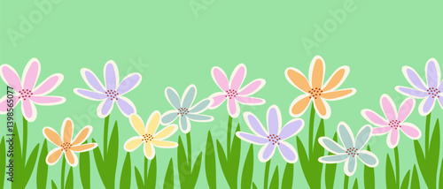 Flowers and leaves, cute horizontal background. Floral spring or summer background with space for text.
