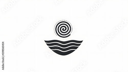 Logo of Sun and Sea: A minimalist logo featuring a stylized sun represented by a spiral and the sea with flowing wave lines, embodying concepts of nature's harmony, peace, and balance.