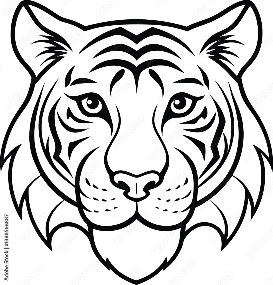 Fototapeta premium Detailed Line Art Illustration of a Tiger's Face in Black and White
