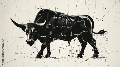 Minimalist art: simplified silhouette of Wall Street bull statue, cracked down the middle on stark white, symbolizing instability.