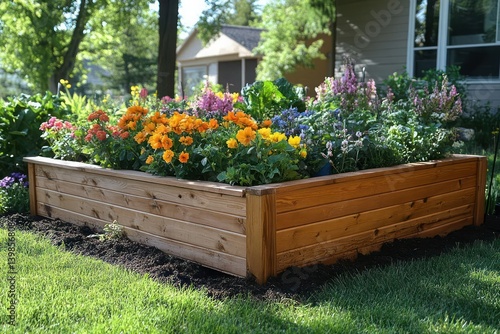 Wooden raised garden bed overflowing with colorful flowers