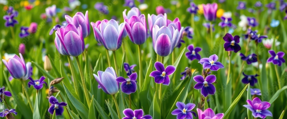 Vibrant blue-purple tulips & violets in lush green spring field bouquet, blue, green Vibrant blue-purple tulips & violets in lush green spring field bouquet, blue, green