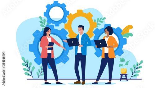 Teamwork people and collaboration concept - Group of three businesspeople with laptop computers working on project together with cogwheels in background. keep the wheels turning concept in flat design