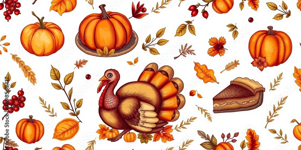 Hand-drawn Thanksgiving seamless pattern featuring turkey, pumpkin pie, autumn harvest symbols, berries, vegetables, leaves, wheat, thanksgiving, vegetables Hand-drawn Thanksgiving seamless pattern featuring turkey, pumpkin pie, autumn harvest symbols, berries, vegetables, leaves, wheat, thanksgiving, vegetables