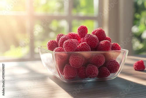Obraz na płótnie Photorealistic 3d rendering of fresh raspberries in a glass bowl on a wooden table with sunlight w salonie