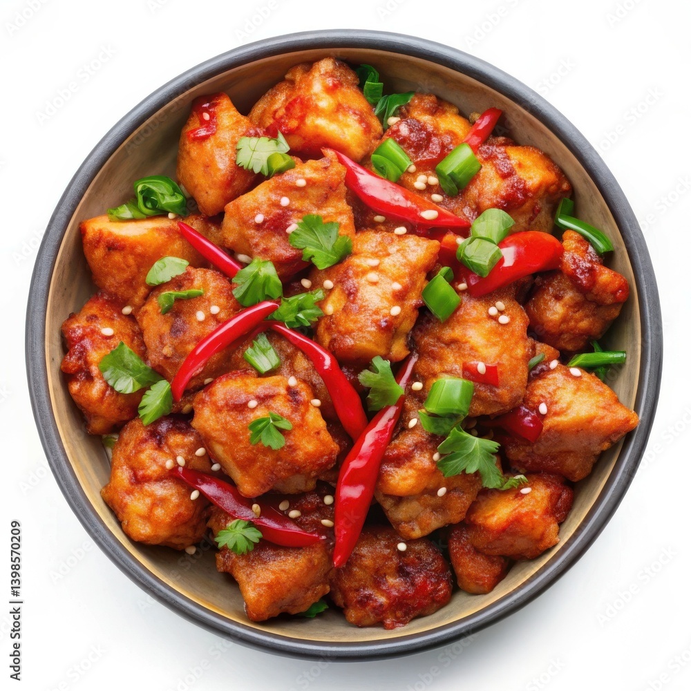 Spicy Chili Chicken Bowl savory dish with sesame seeds vibrant red Spicy Chili Chicken Bowl savory dish with sesame seeds vibrant red